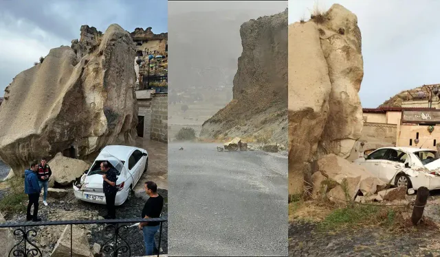 Kapadokya'yı sel vurdu: Kopan kayalar araçlara zarar verdi