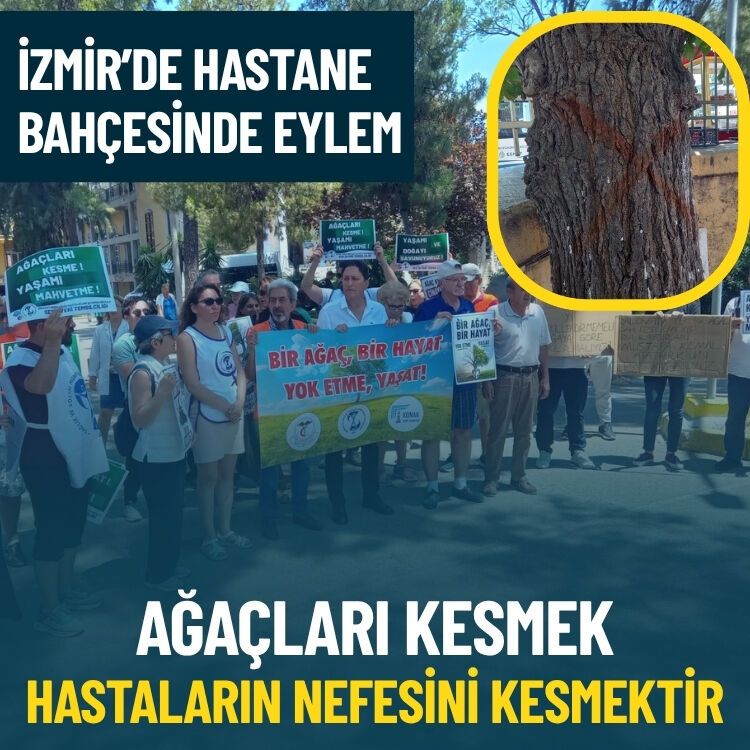 İzmir'de hastane bahçesinde eylem: Ağaçları kesmek, hastaların nefesini kesmektir