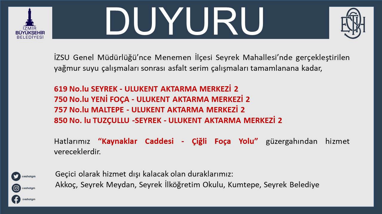 Menemen İlçesi Seyrek Mahallesi Geçici Güzergah Değişikliği Duyurusu