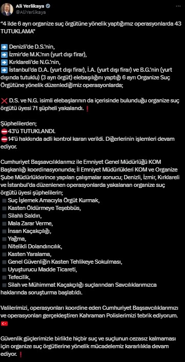 İzmir'in De Yer Aldığı 4 Ilde Suç Örgütü Çökertildi 71 Kişi Tutuklandı