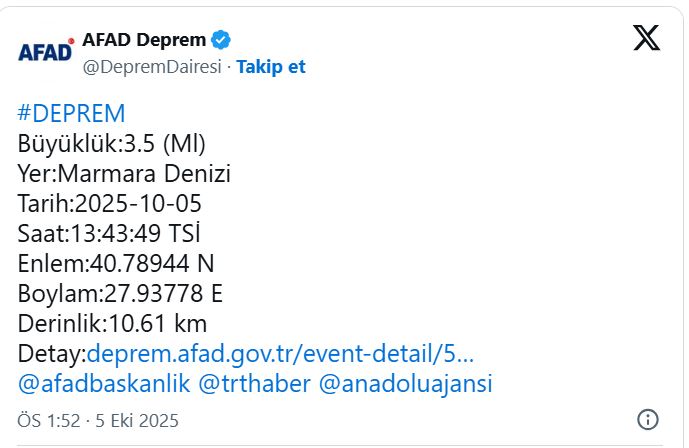 marmara denizinde bir deprem daha 