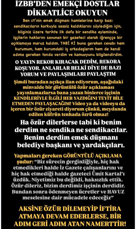 Sendika krizi büyüyor: Ümit Kartal videolu özür istedi!