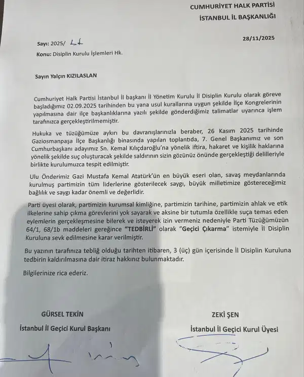 Kayyum Gürsel Tekin Yeni Hamle İlçe Başkanını Disipline Verdi