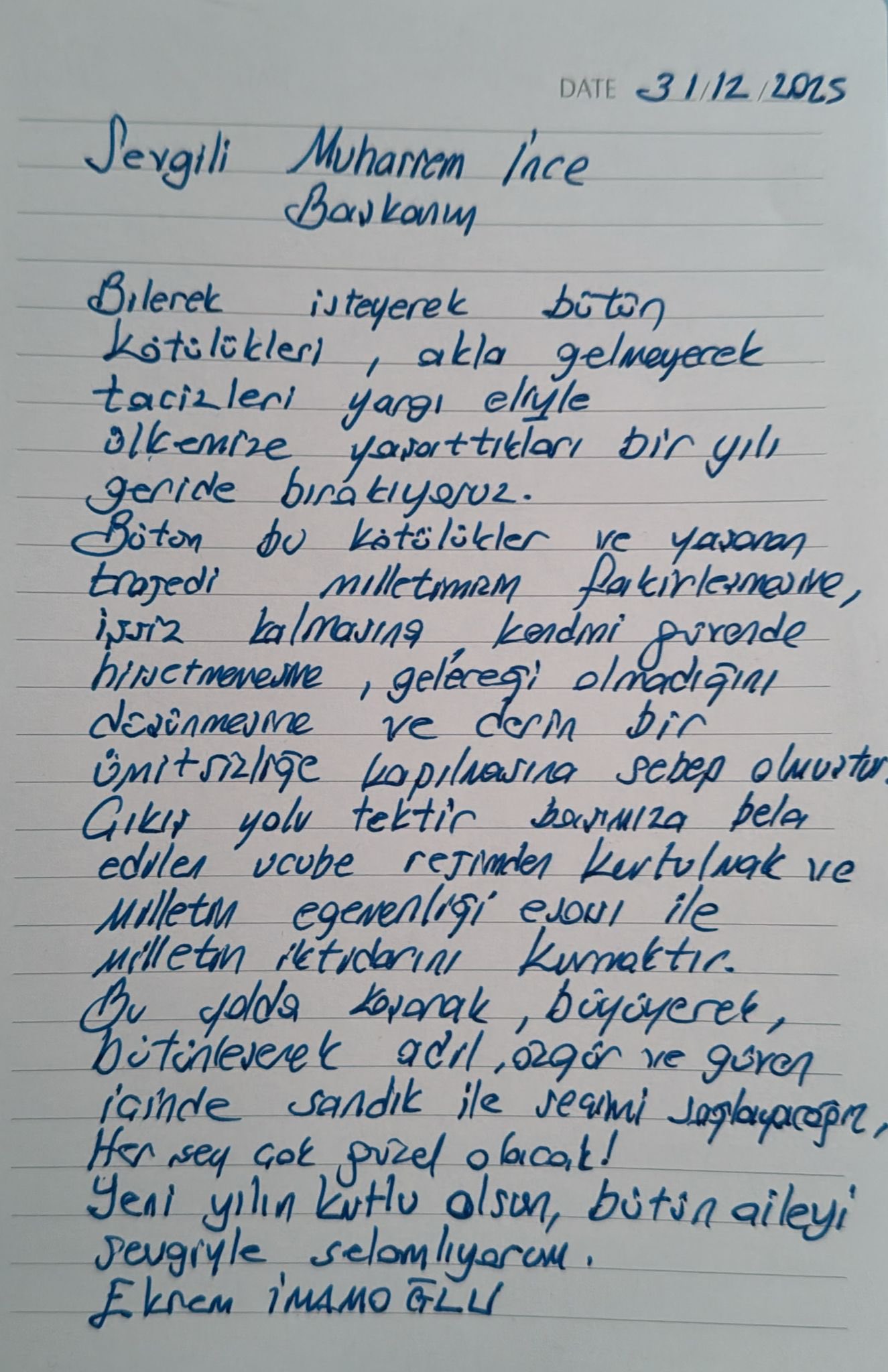 İnce, İmamoğlu’nun yılbaşı mesajını paylaştı: Tek çıkış yolu bu rejimden kurtulmak!