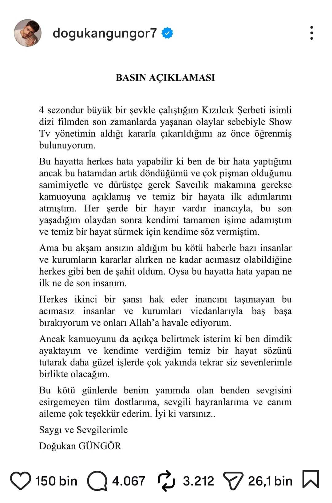 Kızılcık Şerbeti kadrosundan çıkarılan Doğukan Güngör'den ilk açıklama