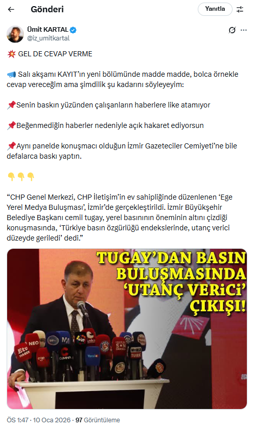 Kartal'dan Tugay'a utanç verici çıkışı: Senin baskın yüzünden çalışanların habere beğeni atamıyor!