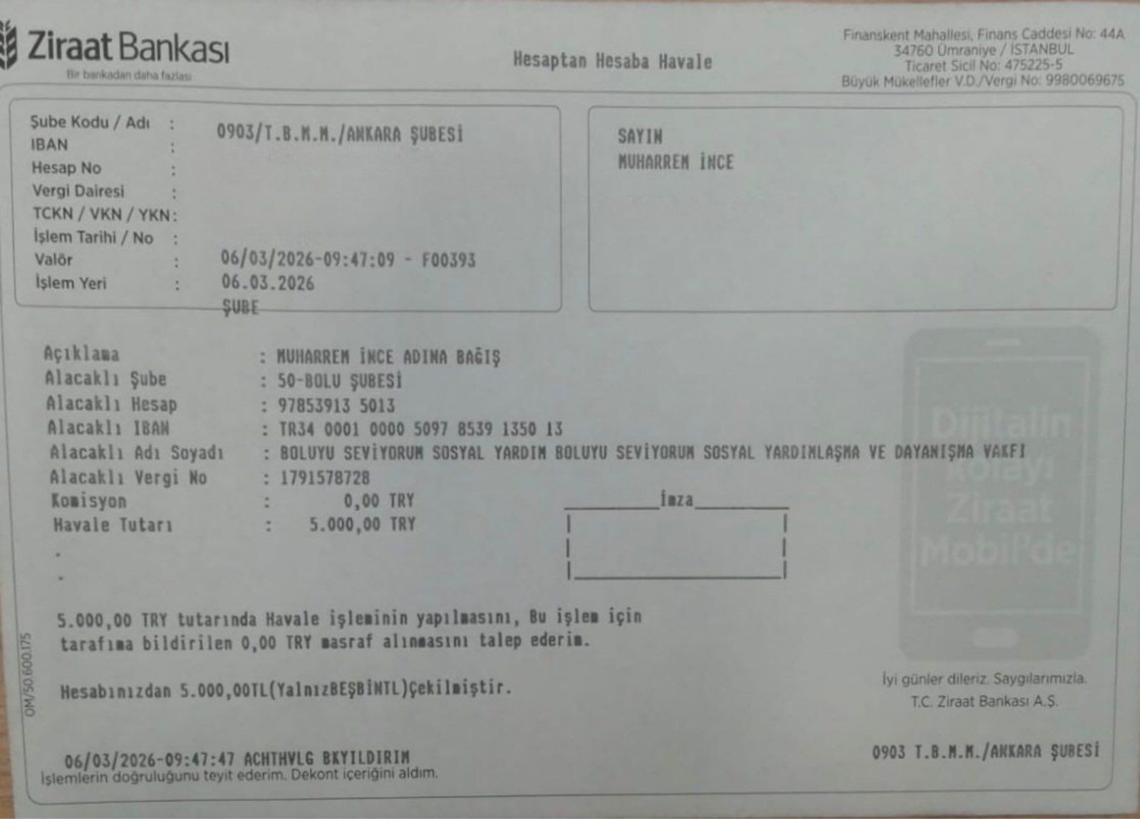 Muharrem ince, Tanju Özcan’ın kurduğu BOLSEV Vakfı’na bağış yaptı