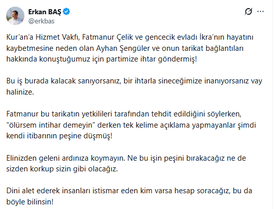 Kuran'a Hizmet Vakfı Ti̇p'e Ihtarname Gönderdi Erkan Baş'tan Sert Tepki Geldi