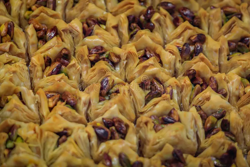 Pistachio Bukaj Pyramid Baklava Turkish Dessert Shop Istanbul Turkey Traditional Whole Nuts Fresh Phyllo Dough Local 305855234