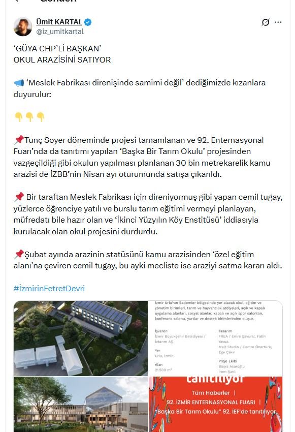 Tunç Soyer tarım okulu projesi hazırlamıştı: Cemil Tugay araziyi satışa çıkardı