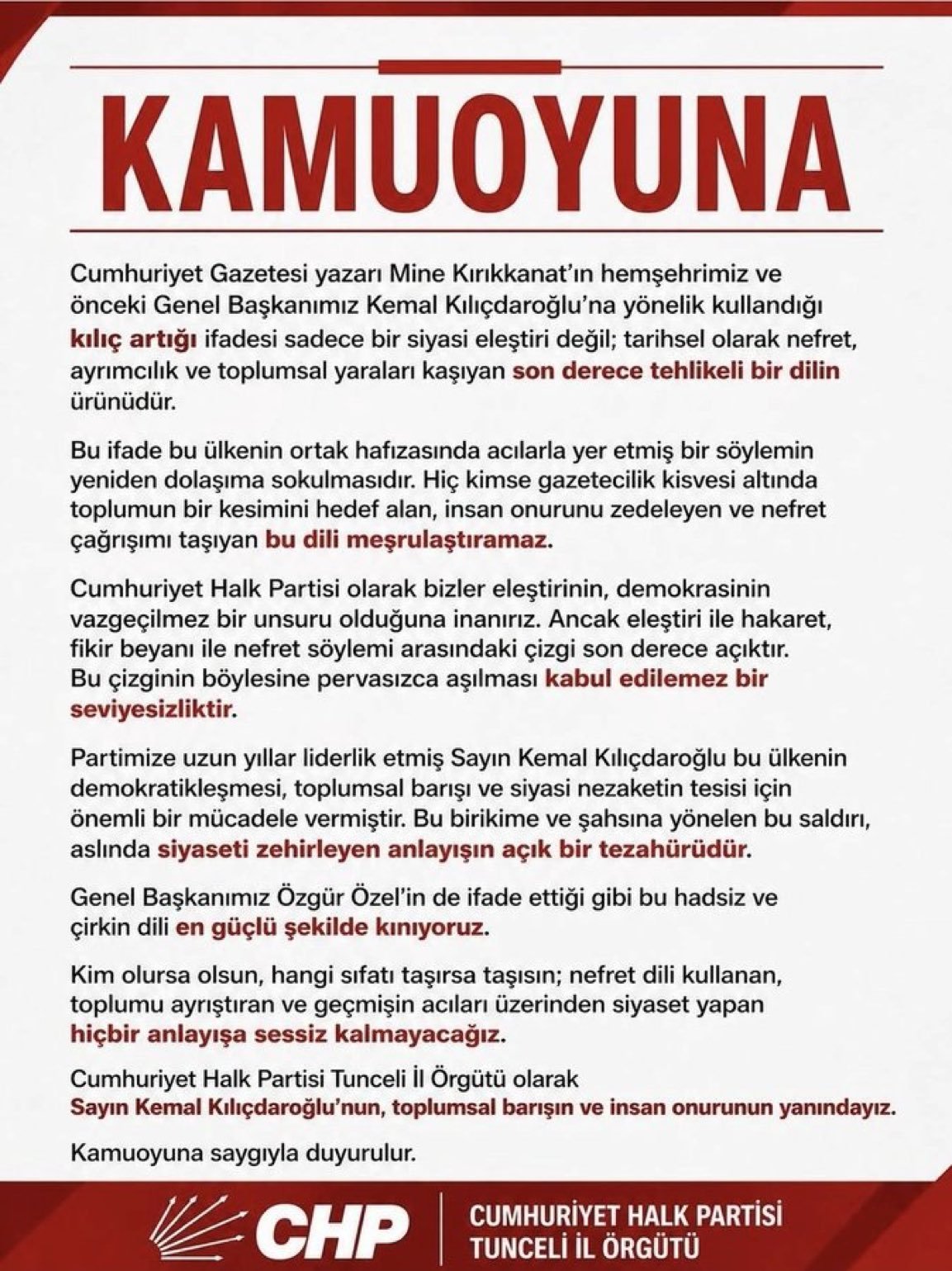 CHP Tunceli’den Kılıçdaroğlu tepkisi: Hadsiz ve çirkin dili kınıyoruz!