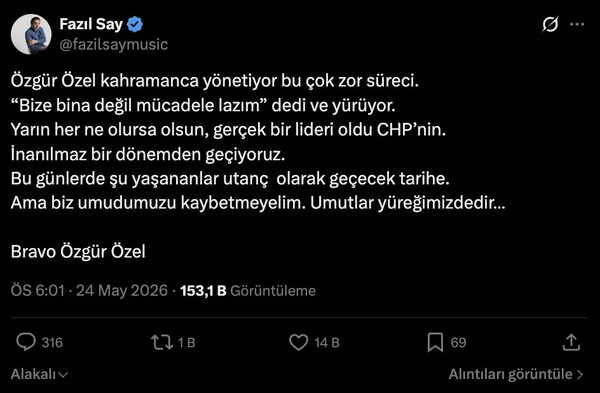 Fazıl Say, Özgür Özel'e destek verdi: Gerçek bir lideri oldu CHP’nin!