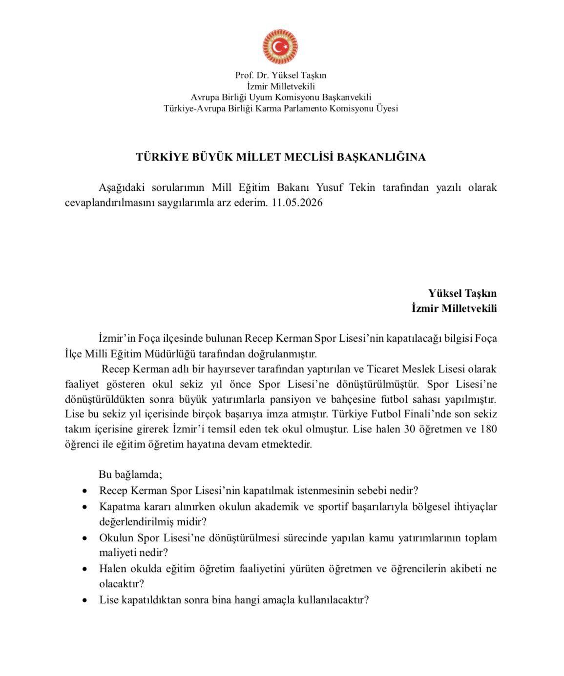 İzmir’de kapatılmak istenen okul TBMM gündeminde: CHP’li Taşkın, Bakan Tekin’e sordu