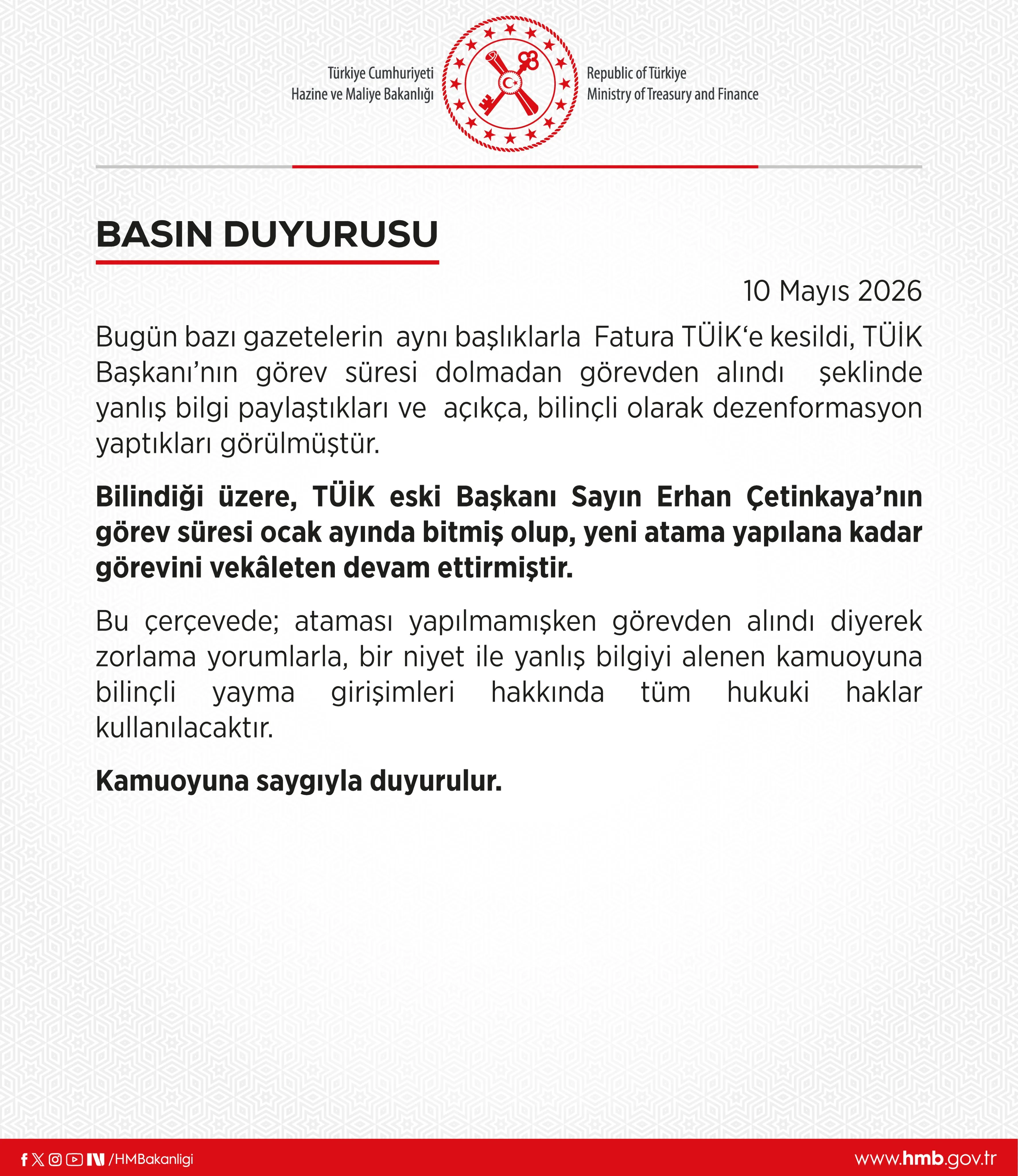 TÜİK Başkanı'nın görevden alınmasına ilişkin bakanlıktan ilk açıklama geldi