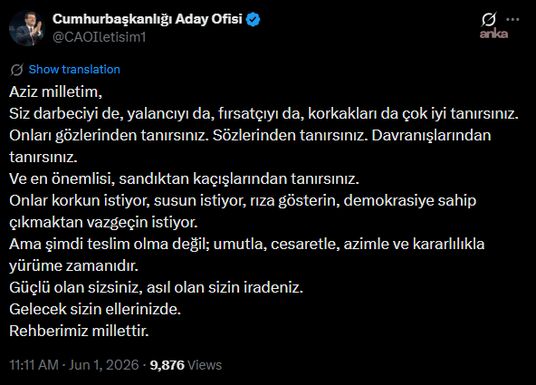 İmamoğlu: Teslim olma değil, umutla, cesaretle yürüme zamanı