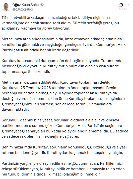 CHP'li Salıcı’dan ortak bildiriye şerh: Kurultay’ın 25 Temmuz’dan önce toplanması şart değil!