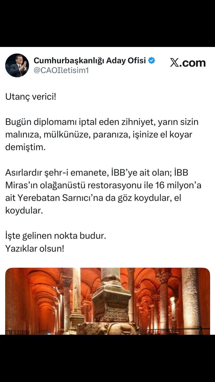 Yerebatan Sarnıcı Vakıflar Genel Müdürlüğü’ne devredilmişti: Ekrem İmamoğlu’ndan tepki geldi