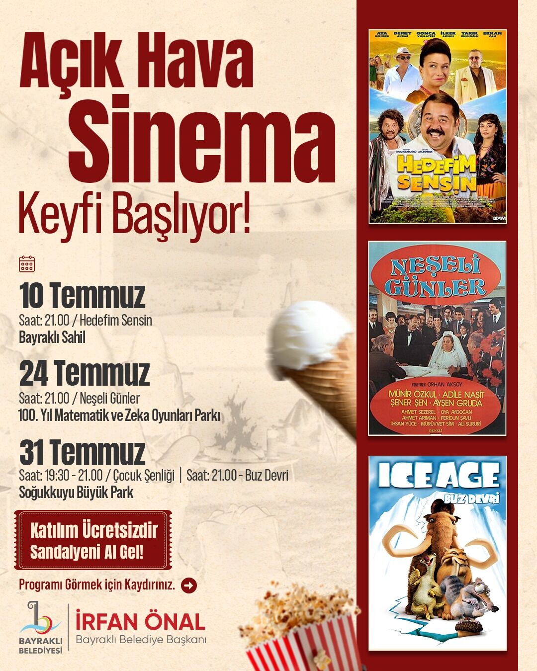 Bayraklı’da sinema keyfi: Neşeli Günler ve Buz Devri açık havada izlenecek