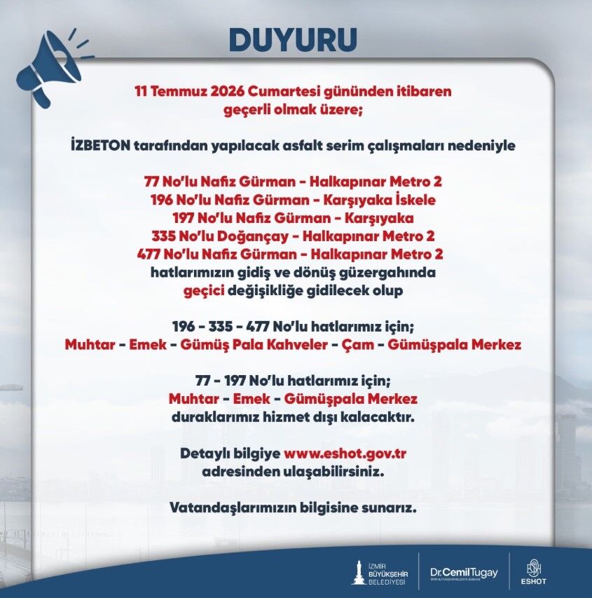 ESHOT duyurdu: O hatlarda güzergah değişikliği