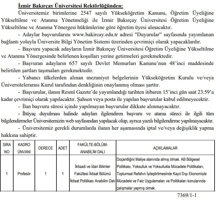 İzmir Bakırçay Üniversitesi bünyesine akademik personel katacak