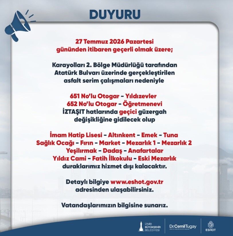 ESHOT duyurdu: O hatlarda güzergâh değişikliği