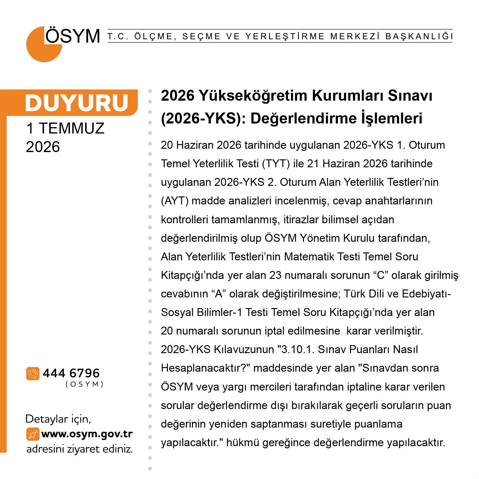 ÖSYM'den YKS kararı: Bir soru iptal edildi, birinin cevabı değişti!