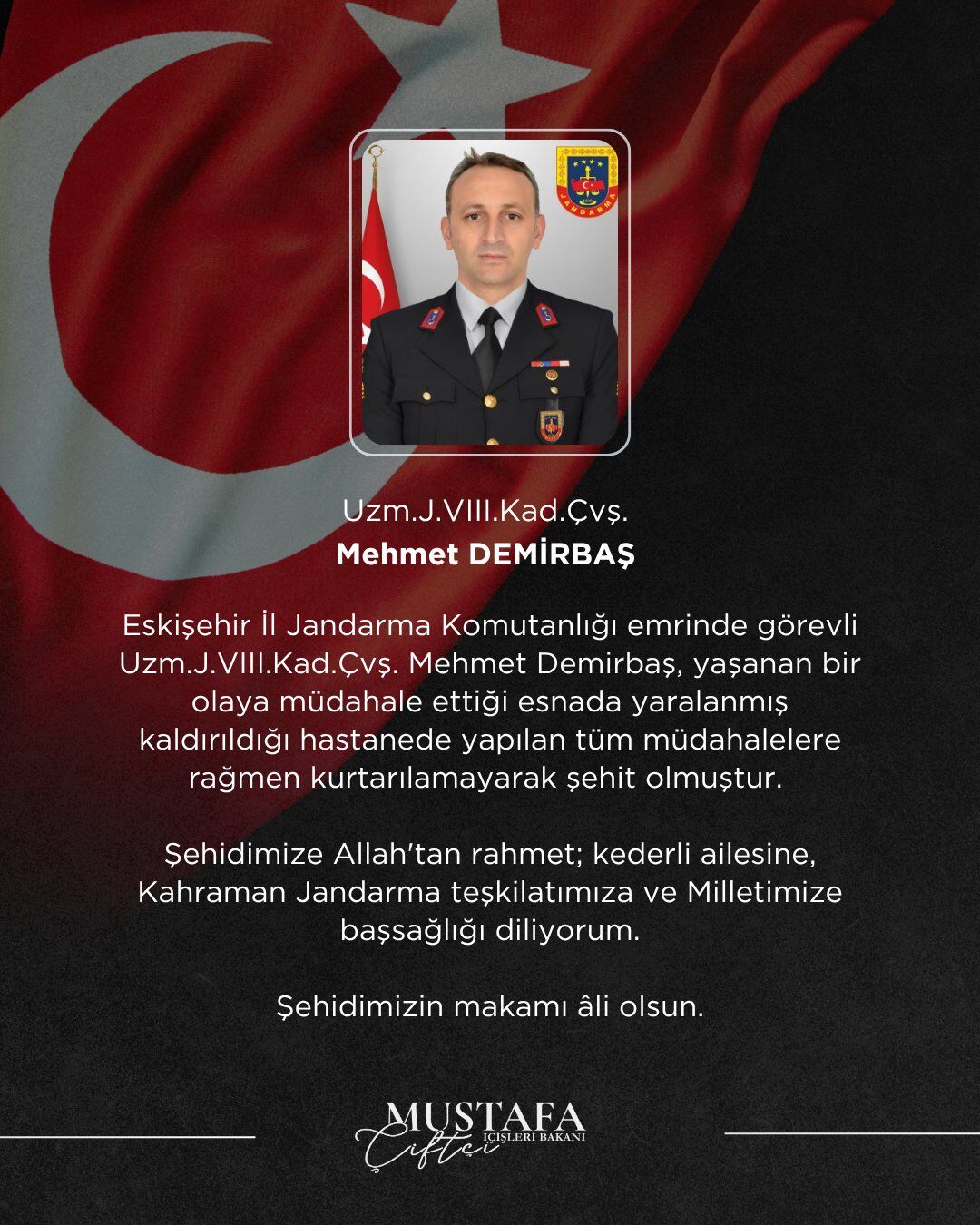 Bakan Çiftçi duyurdu: Uzman Jandarma şehit oldu
