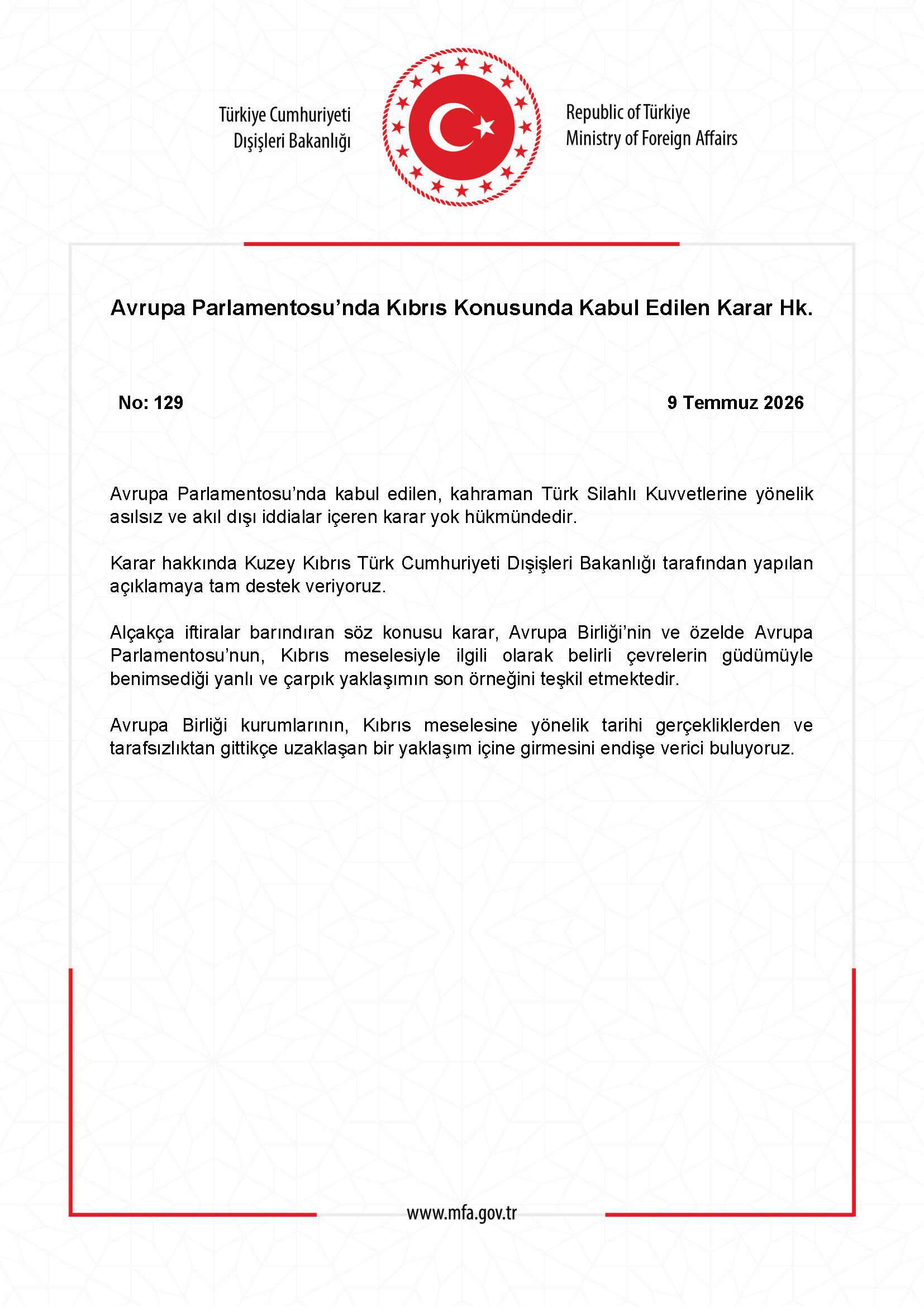 Dışişleri'nden Avrupa Parlamentosu'nun Kıbrıs kararına sert tepki
