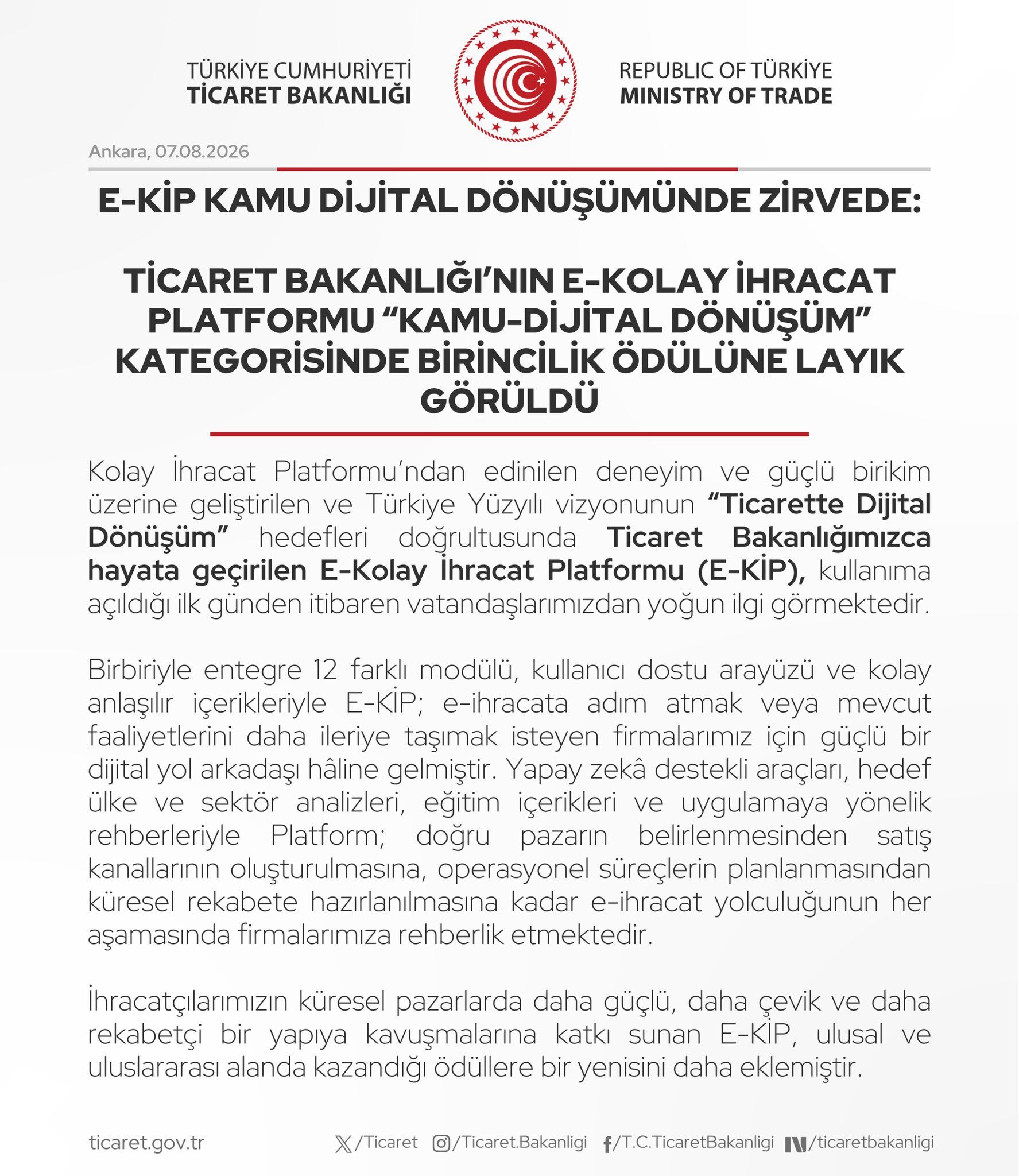 Ticaret Bakanlığı E-KİP projesine ödül