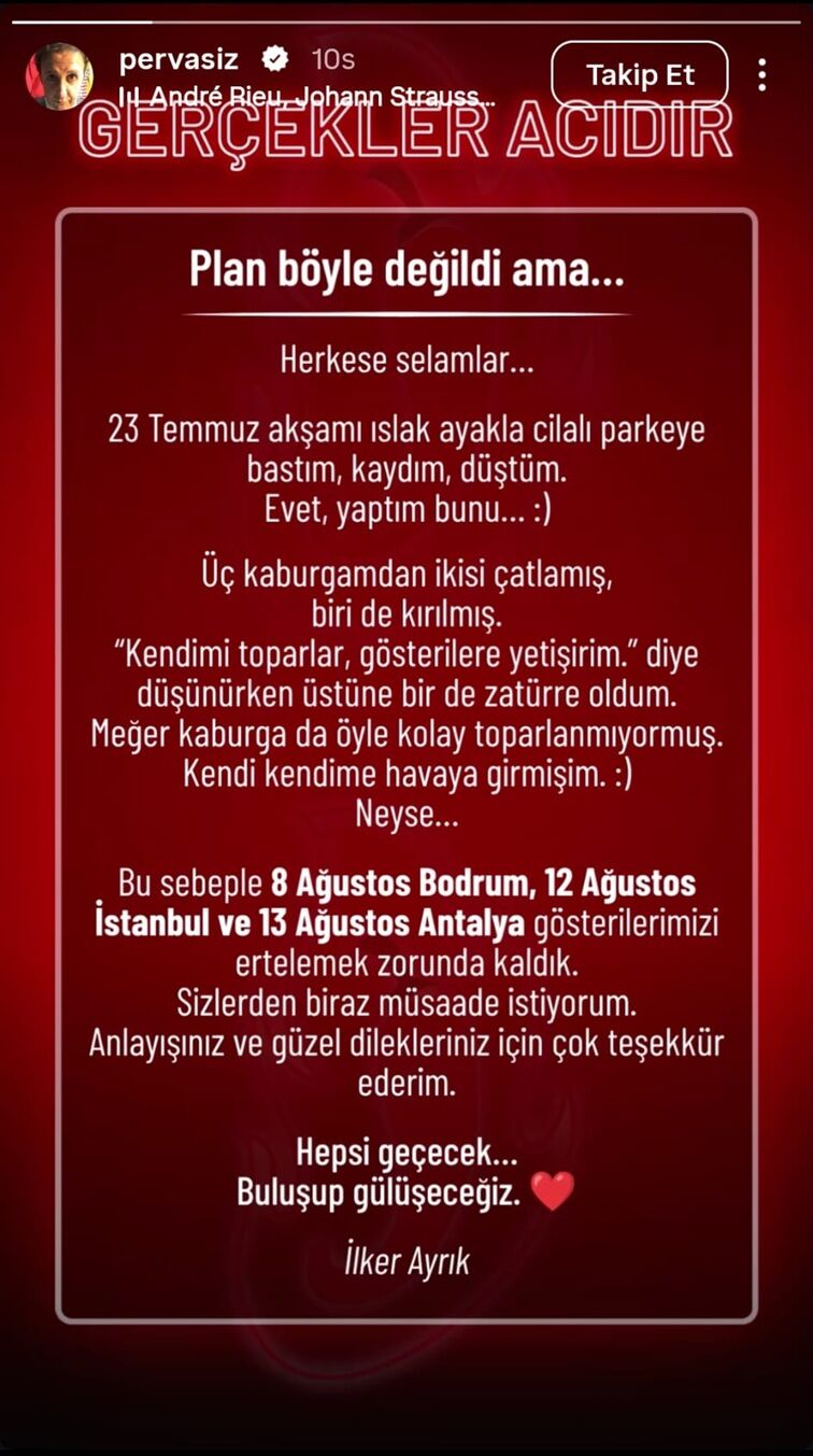 Kaburgalarını zedeledi, zatürre oldu... İlker Ayrık, gösterilerini iptal etti