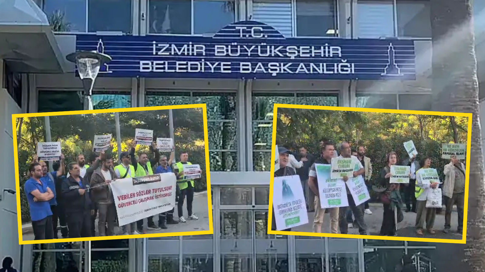 İzmir Büyükşehir önünde çifte eylem: Basmane Çukuru ve kadrolu çalışma için ortak ses yükseldi