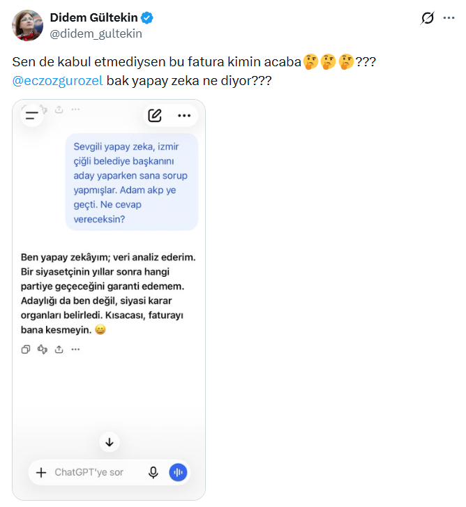 Yapay Zekadan Özel'e Yanıt Faturayı Bana Kesmeyin